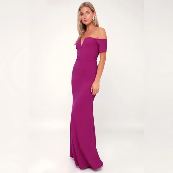Lulus Magenta Off Shoulder Maxi Dress Formal Wedding Bridesmaid Gown NWT Size M - Picture 4 of 17